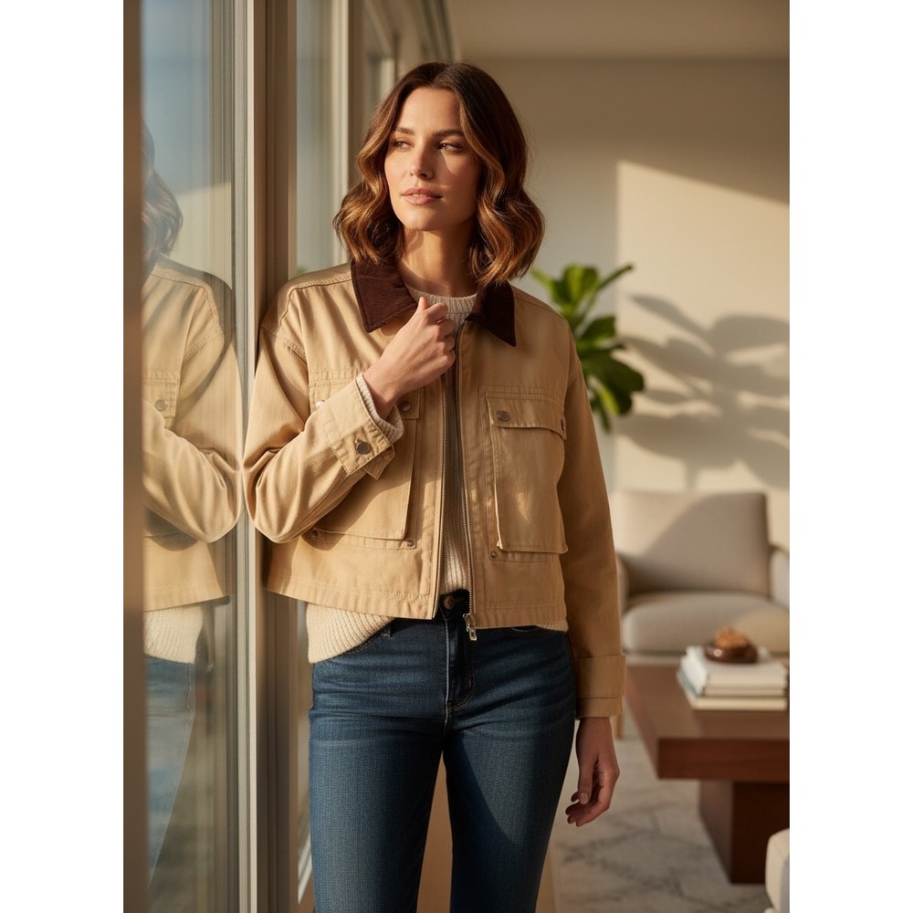 Lucky Brand Womens Cropped Utility Jacket Tan Canvas Corduroy Collar Small